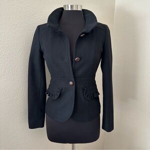 J. CREW Women's black short wool Blend fitted with ruffles Y2K coat Blazer